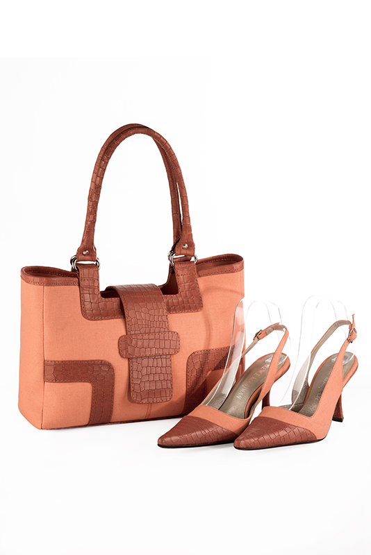Peach orange women's dress handbag, matching pumps and belts. Top view - Florence KOOIJMAN